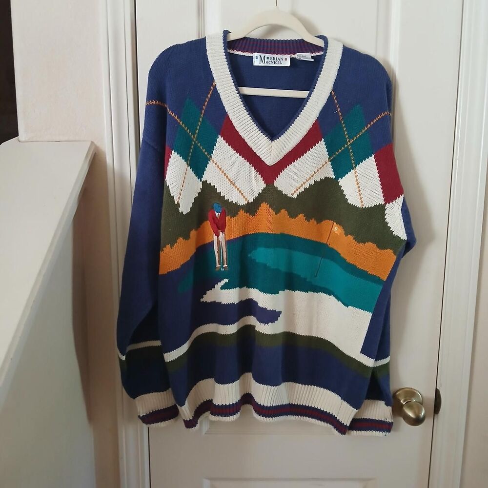 Vintage 90s Brian MacNeil Golf Par 9 Scenic Novelty Argyle Sweater L Preppy